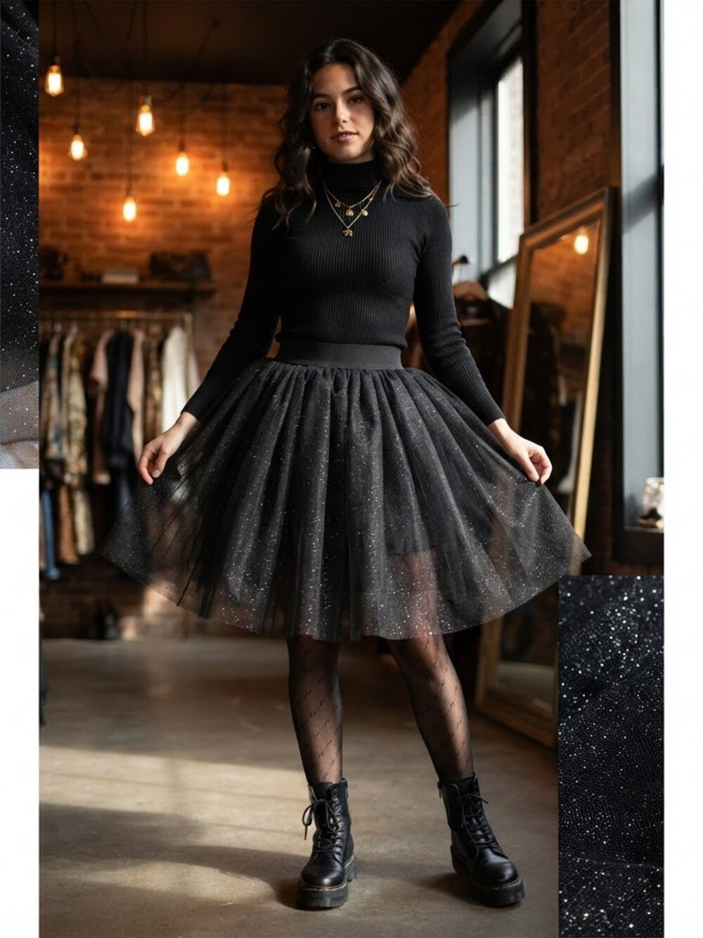 Icing Black Glitter Tulle Tutu Skirt Elastic Waist Shimmer Mesh Mini Skirt